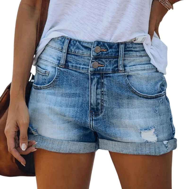 Double Button Shorts Women's High Waist Ripped Denim Shorts