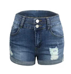 Double Button Shorts Women's High Waist Ripped Denim Shorts