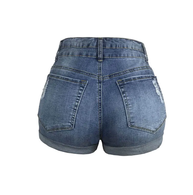 Double Button Shorts Women's High Waist Ripped Denim Shorts