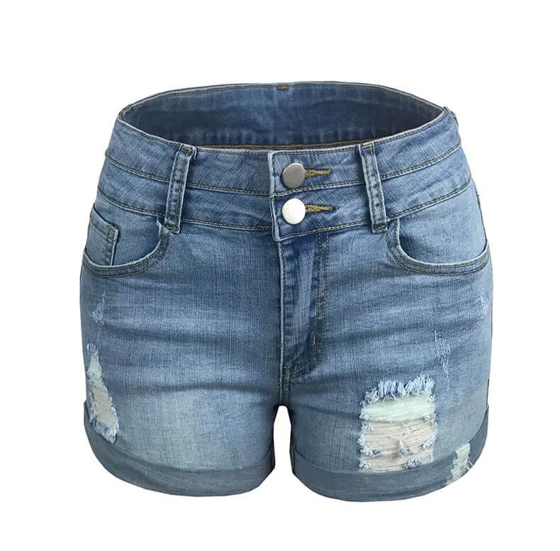 Double Button Shorts Women's High Waist Ripped Denim Shorts