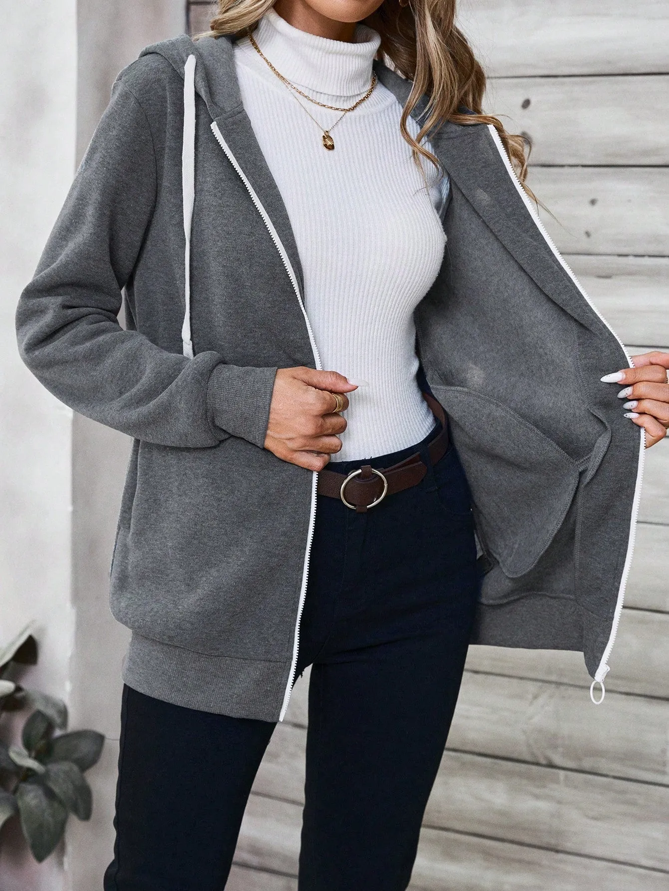 EMERY ROSE Women's Front Zipper Embroidered Hoodie, Casual Daywear