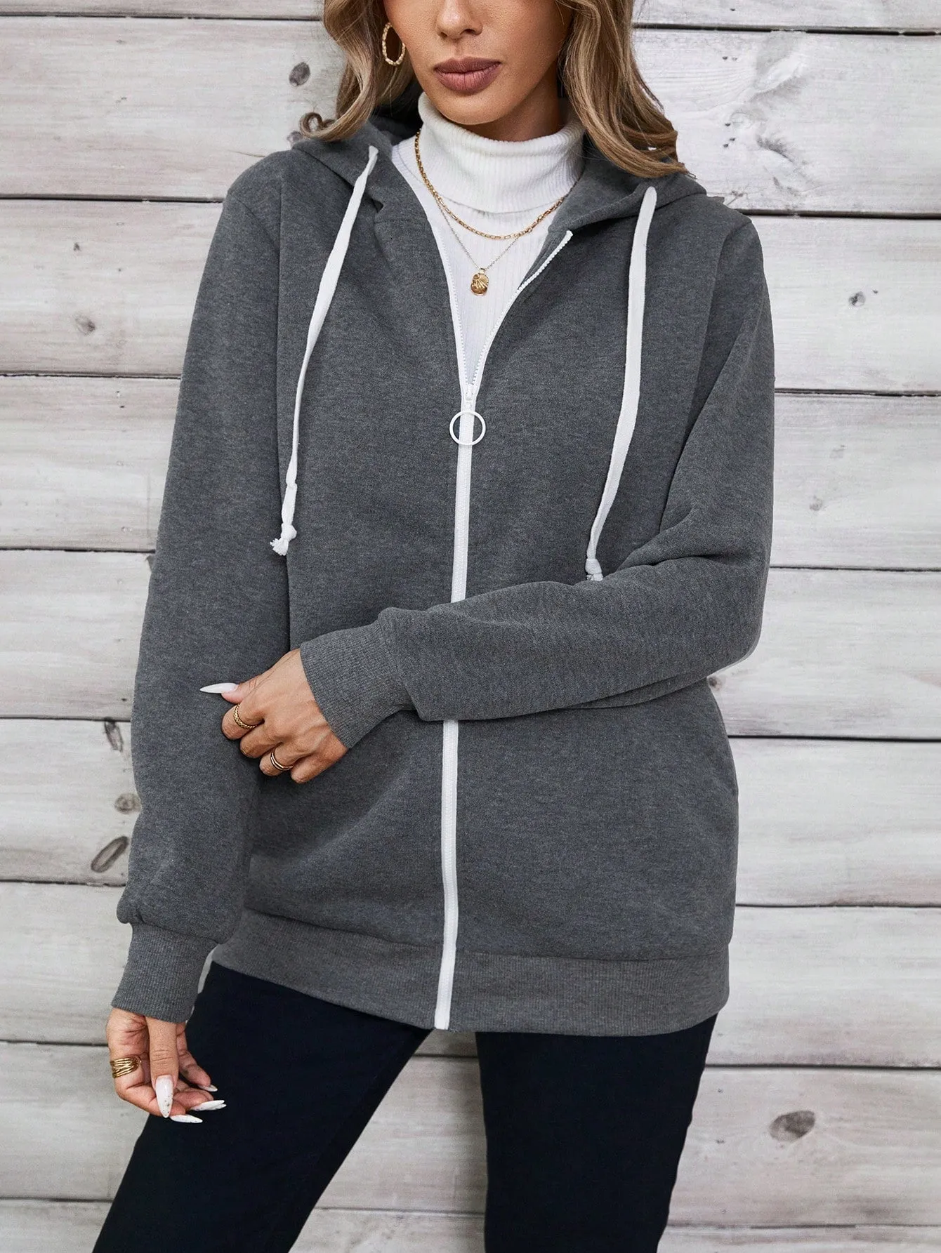 EMERY ROSE Women's Front Zipper Embroidered Hoodie, Casual Daywear