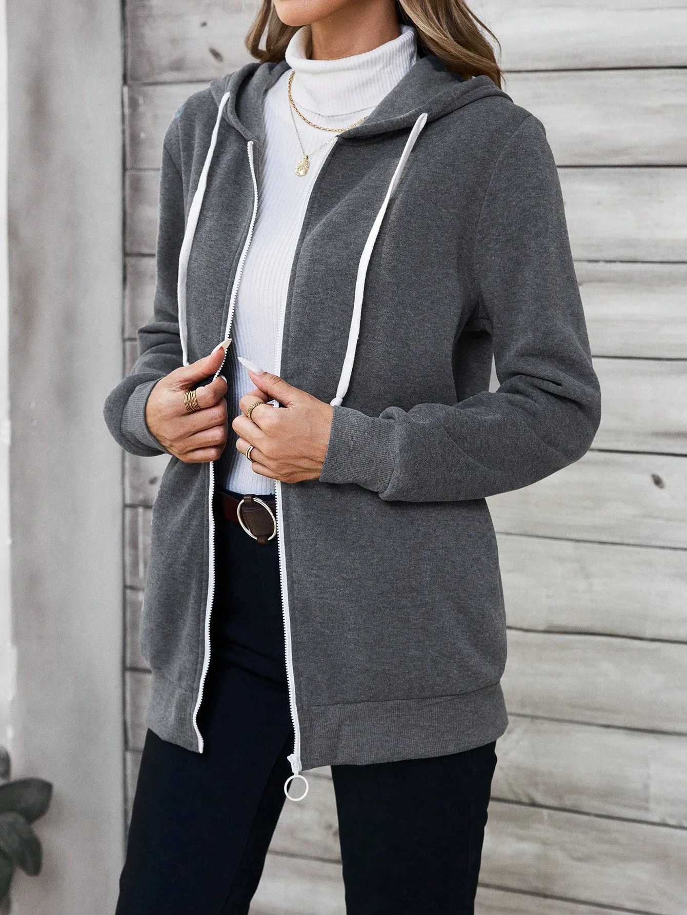 EMERY ROSE Women's Front Zipper Embroidered Hoodie, Casual Daywear