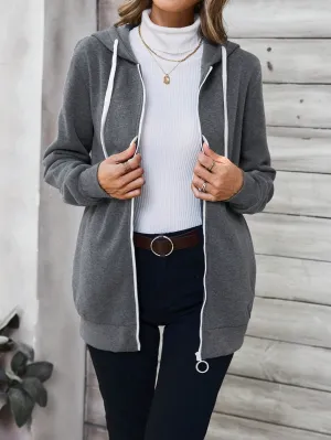 EMERY ROSE Women's Front Zipper Embroidered Hoodie, Casual Daywear