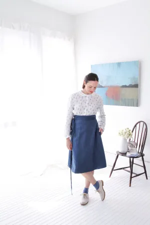 EVERYDAY BEAUTIFUL A-LINE APRON WRAP SKIRT IN FRENCH BLUE LINEN