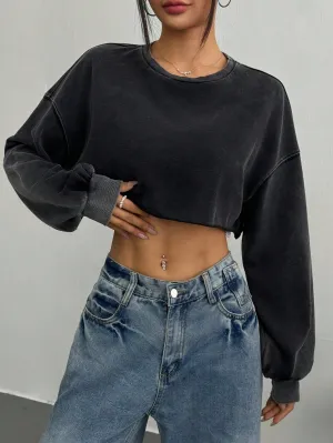 EZwear Women's Solid Color Washed Round Neck Long Sleeve Casual Cropped Sweatshirt