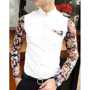 Fashion Style Turn-down Collar Slimming Floral Print Splicing Long Sleeves Men's Cotton Blend Shirt - White M