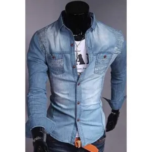 Fashion Style Turn-down Collar Slimming Personality Print Embellished Long Sleeves Men's Denim Shirt - Light Blue Xl