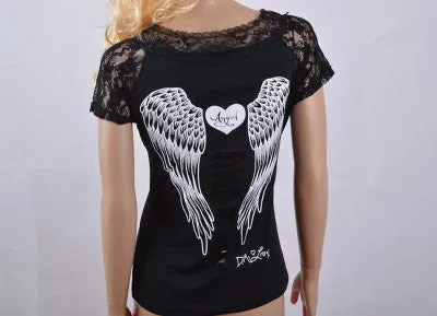 Fashion Women's T shirt Back Hollow Angel Wings T-shirt Tops Summer Style Woman Lace Short Sleeve Tops T shirts Clothing
