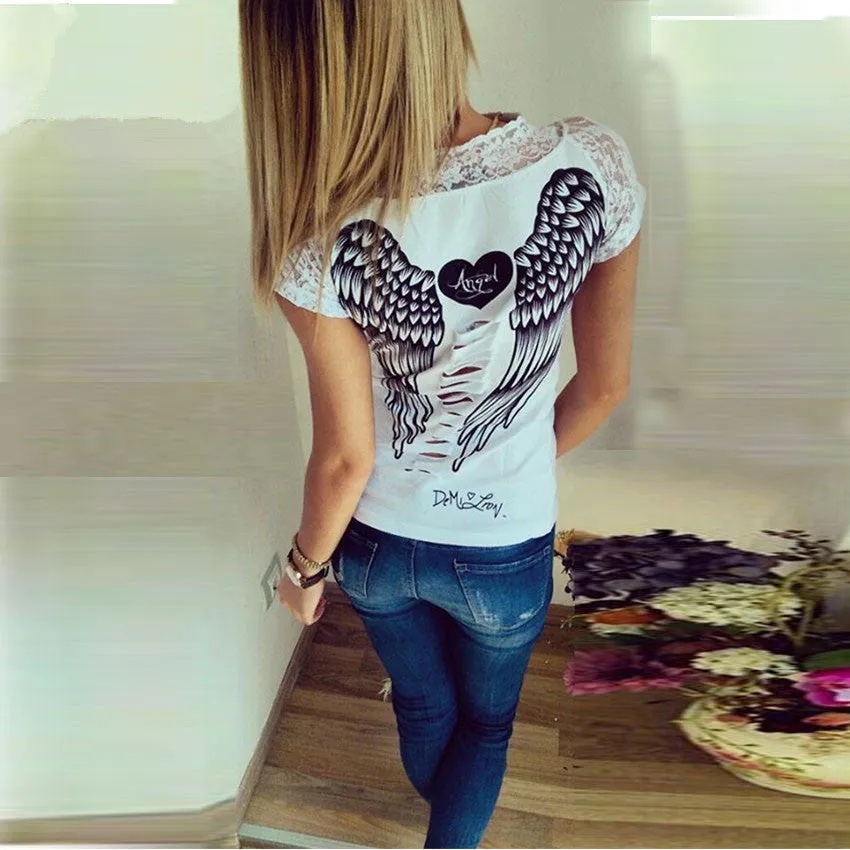 Fashion Women's T shirt Back Hollow Angel Wings T-shirt Tops Summer Style Woman Lace Short Sleeve Tops T shirts Clothing