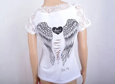 Fashion Women's T shirt Back Hollow Angel Wings T-shirt Tops Summer Style Woman Lace Short Sleeve Tops T shirts Clothing
