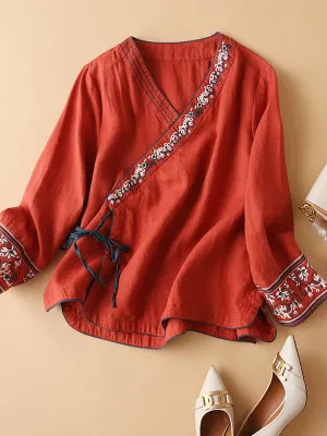 Female Ethnic Style V Neck Embroideried Side Lace Up Cotton Shirt