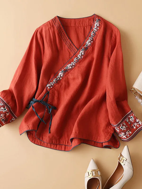 Female Ethnic Style V Neck Embroideried Side Lace Up Cotton Shirt