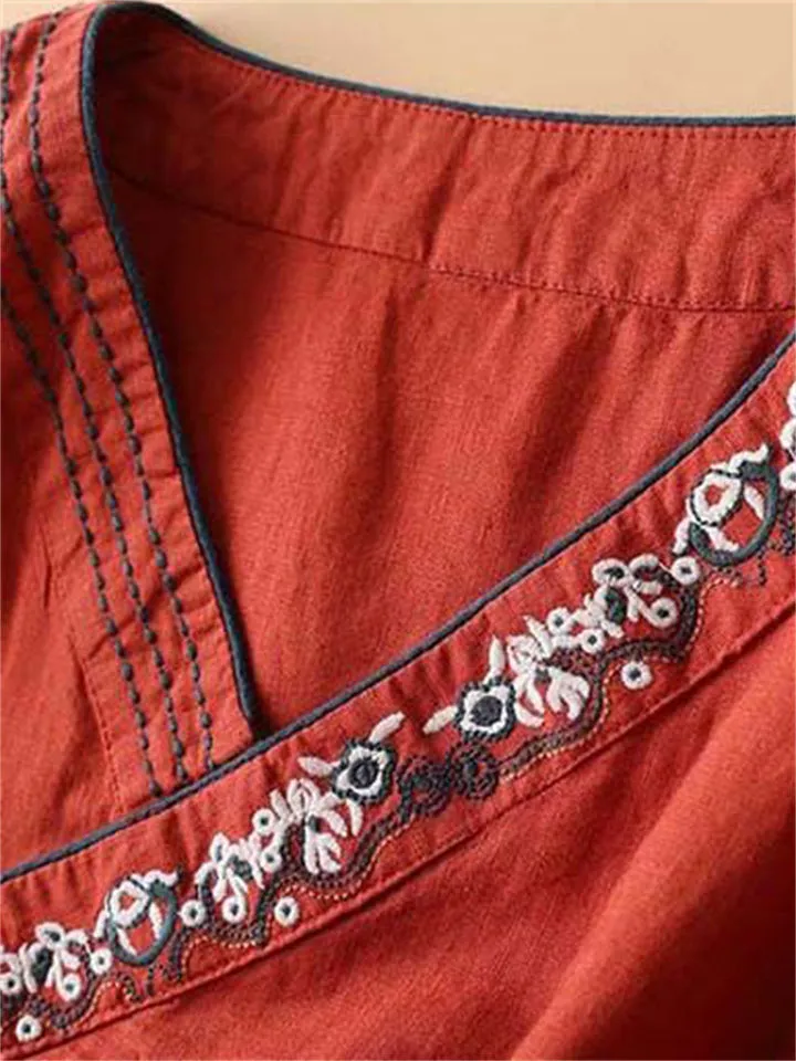 Female Ethnic Style V Neck Embroideried Side Lace Up Cotton Shirt