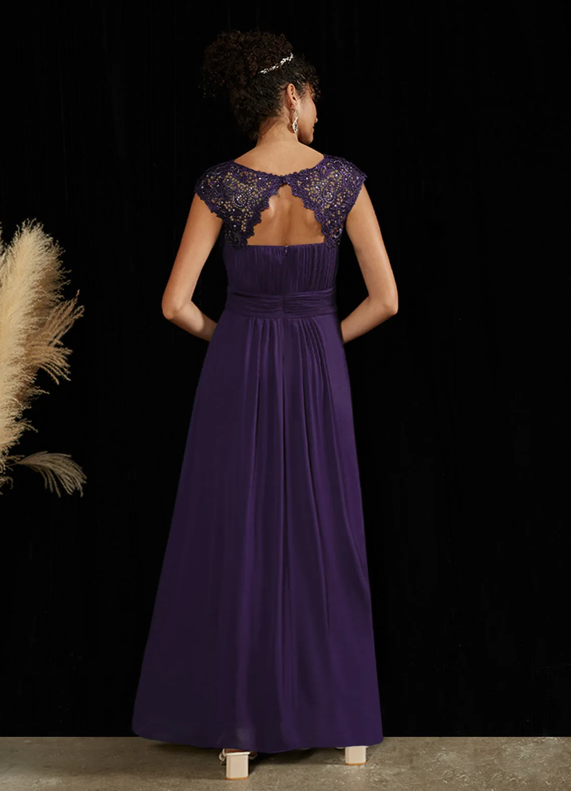 [Final Sale] Dark Purple Lace Open Back Floor Length Silky Chiffon Formal Evening Mother Dress