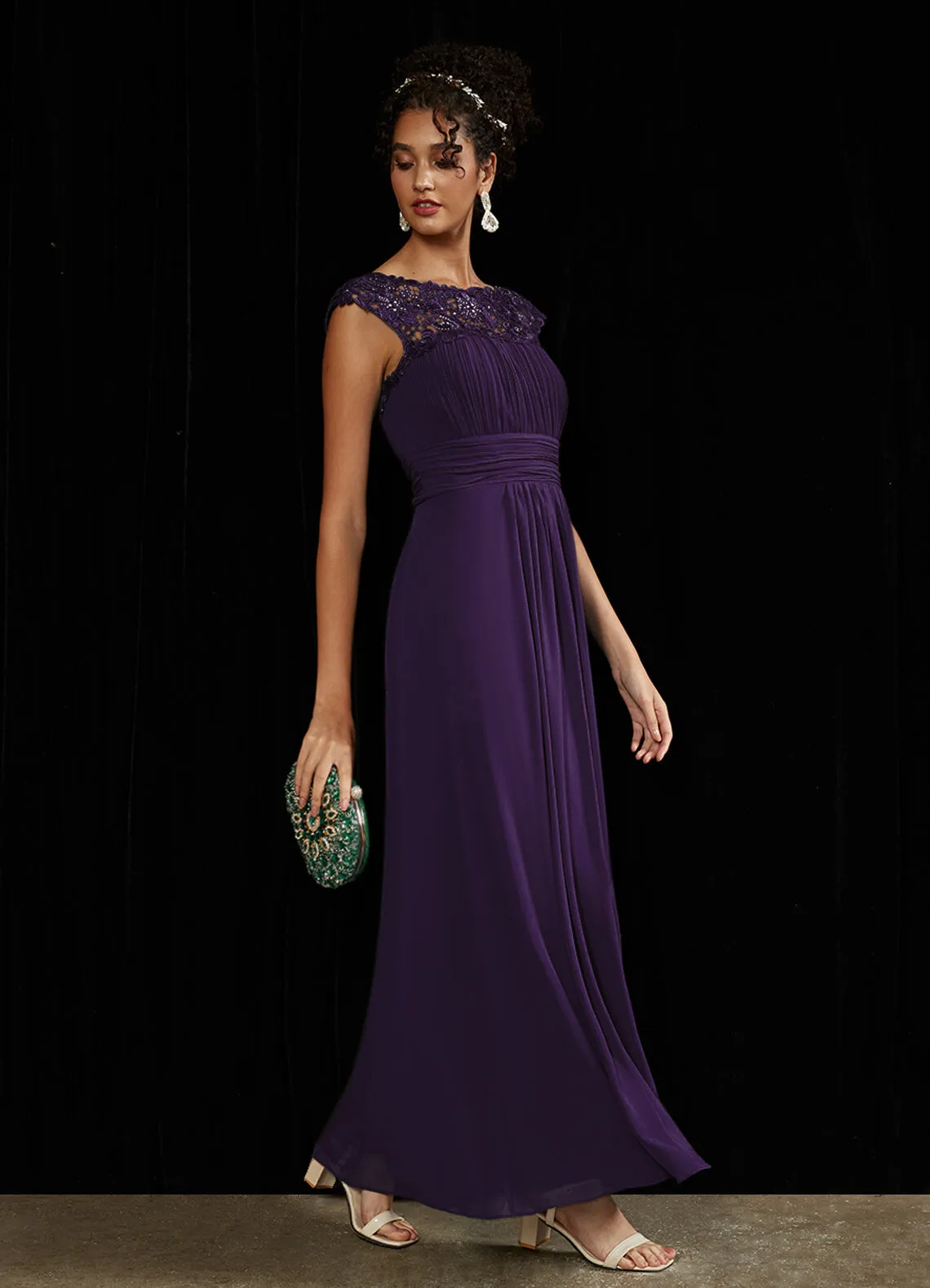 [Final Sale] Dark Purple Lace Open Back Floor Length Silky Chiffon Formal Evening Mother Dress