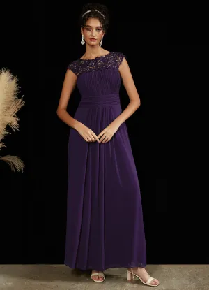 [Final Sale] Dark Purple Lace Open Back Floor Length Silky Chiffon Formal Evening Mother Dress