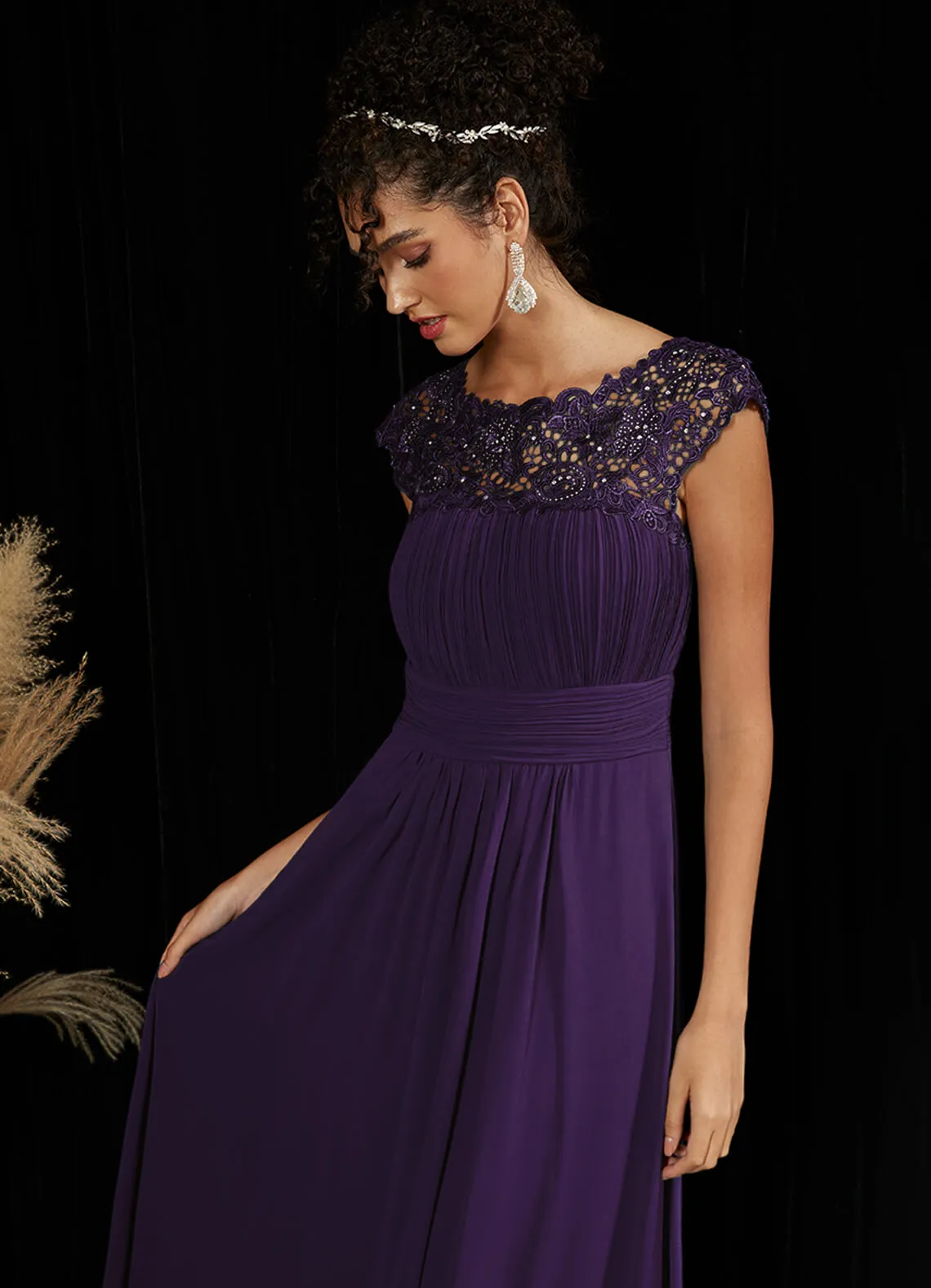 [Final Sale] Dark Purple Lace Open Back Floor Length Silky Chiffon Formal Evening Mother Dress