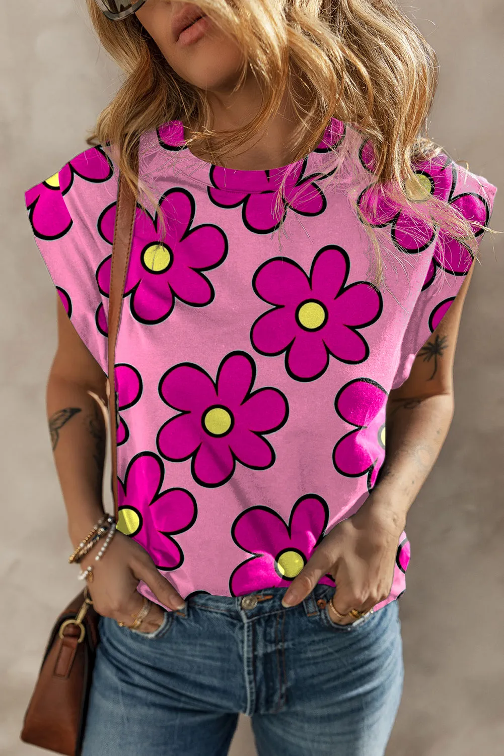 Flower Cap Sleeve T Shirt