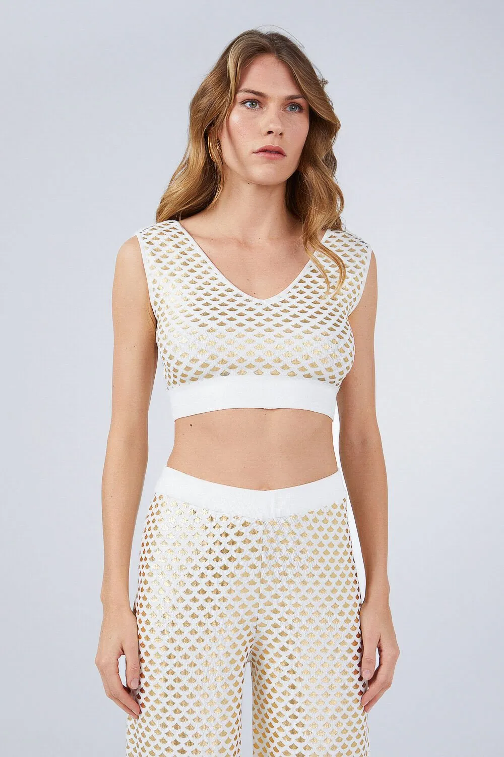 FOIL PRINTED CROP TOP WHITE-GOLD