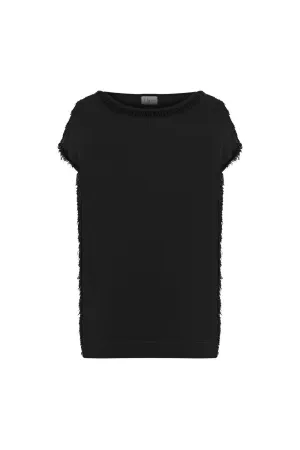 FRINGED BOAT NECK KNITWEAR TOP BLACK