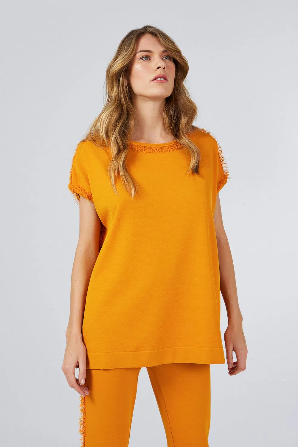 FRINGED BOAT NECK KNITWEAR TOP ORANGE