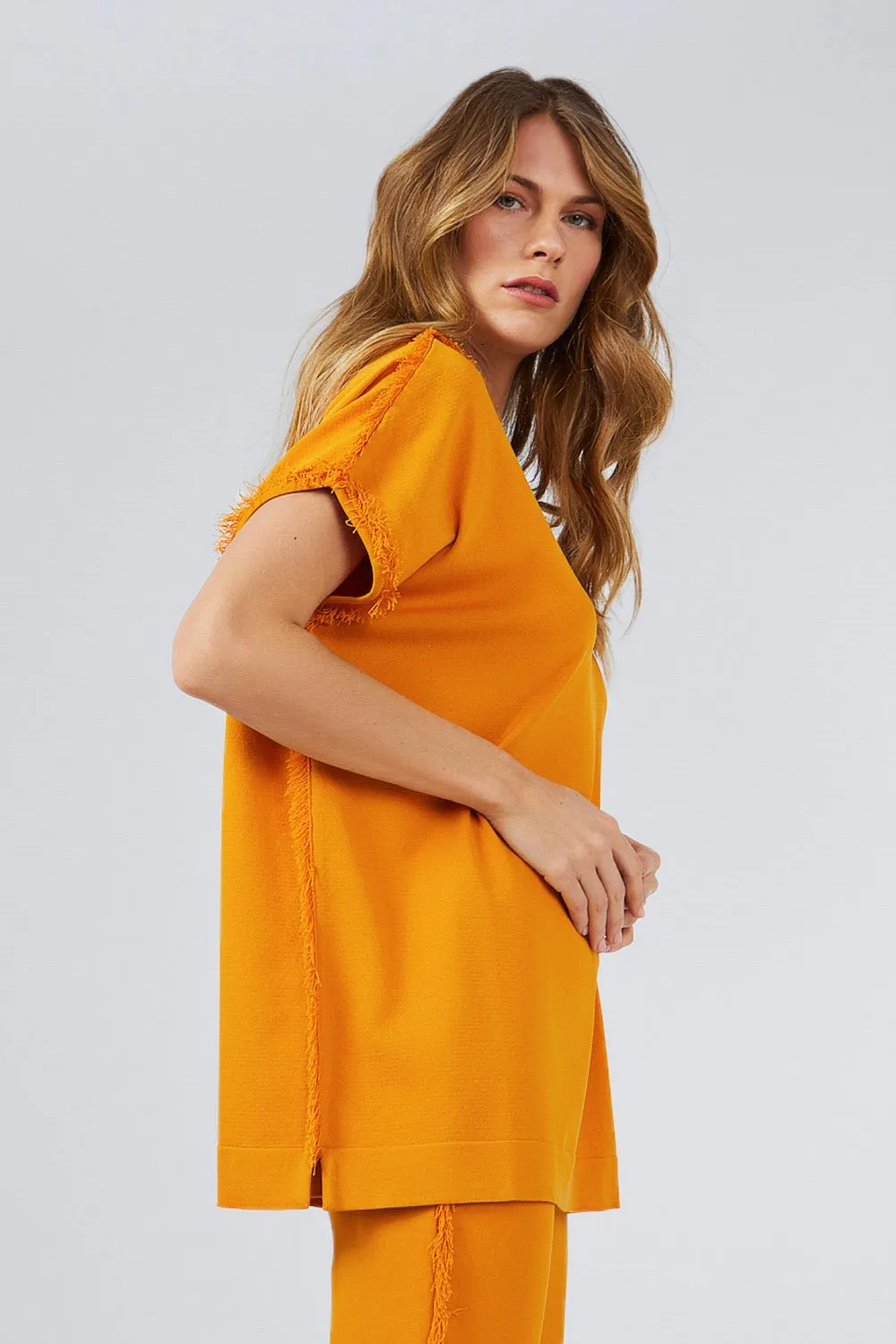 FRINGED BOAT NECK KNITWEAR TOP ORANGE