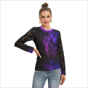 Galaxy Black Womens T-shirt With Black Lace Sleeve