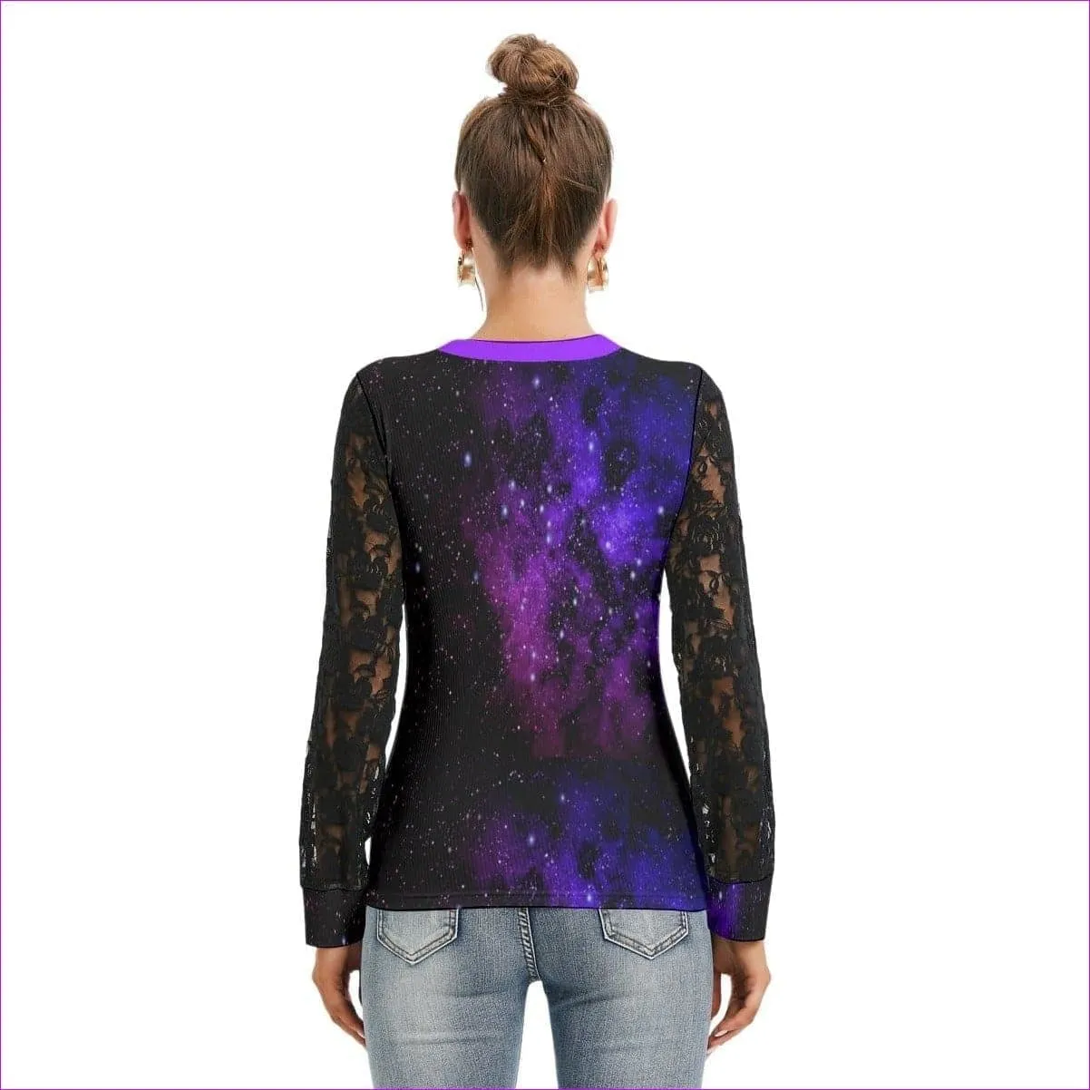 Galaxy Black Womens T-shirt With Black Lace Sleeve