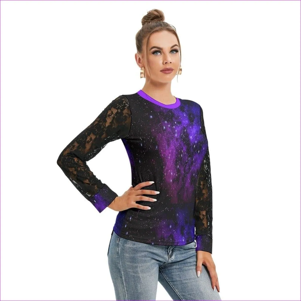 Galaxy Black Womens T-shirt With Black Lace Sleeve
