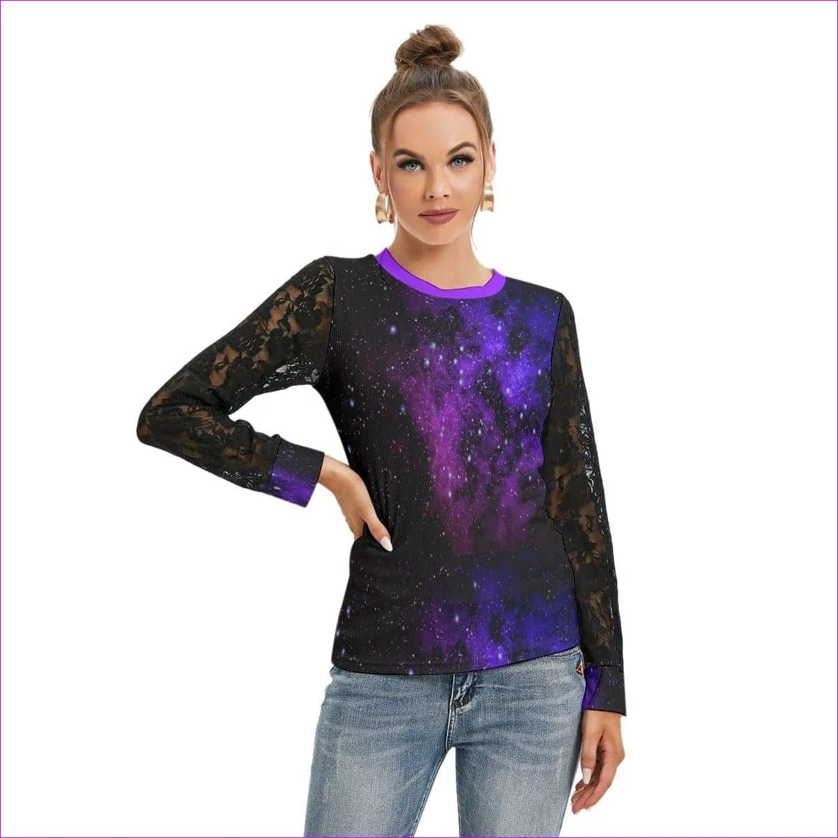Galaxy Black Womens T-shirt With Black Lace Sleeve