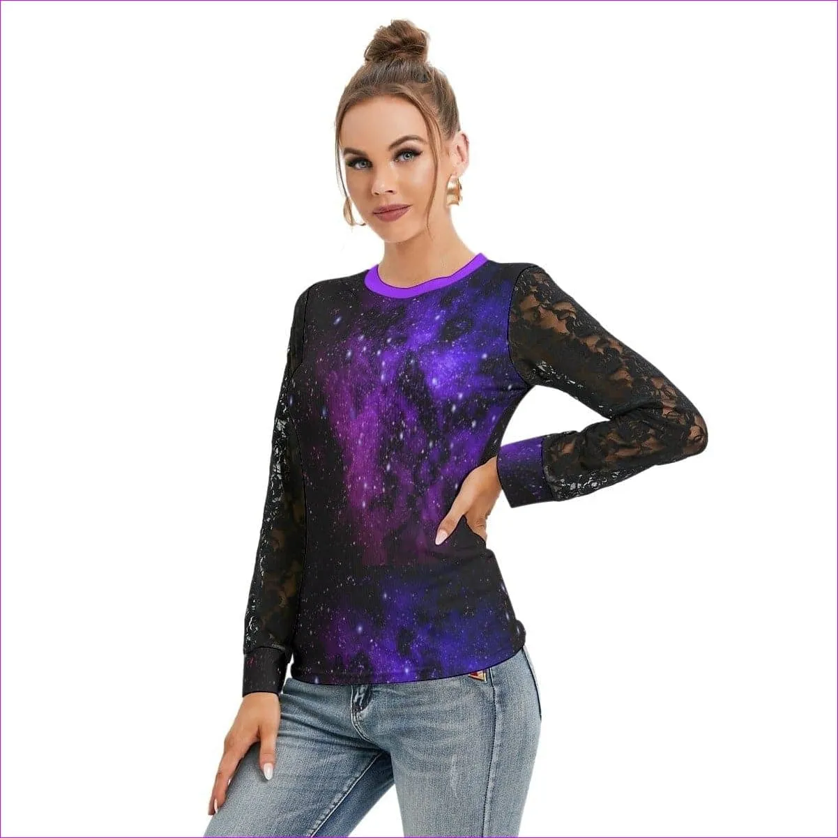 Galaxy Black Womens T-shirt With Black Lace Sleeve