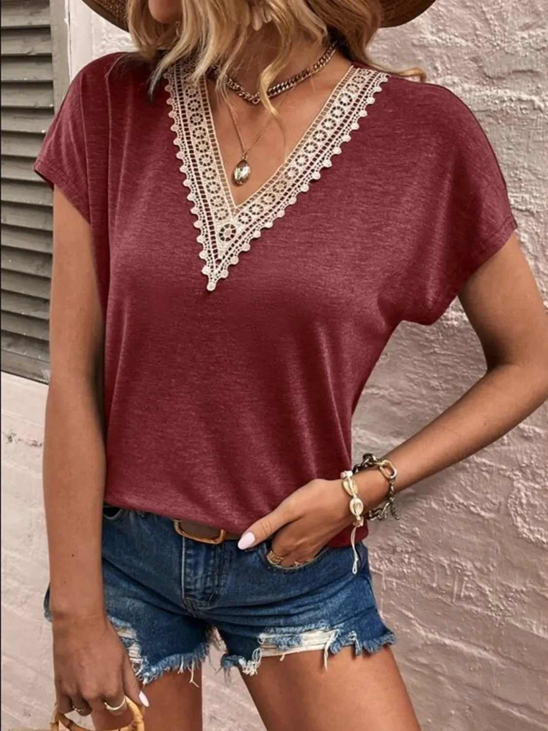 Giana Lace Detail V-Neck Short Sleeve T-Shirt - Online Exclusive