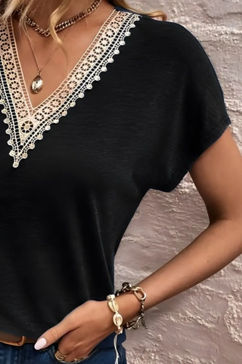 Giana Lace Detail V-Neck Short Sleeve T-Shirt - Online Exclusive