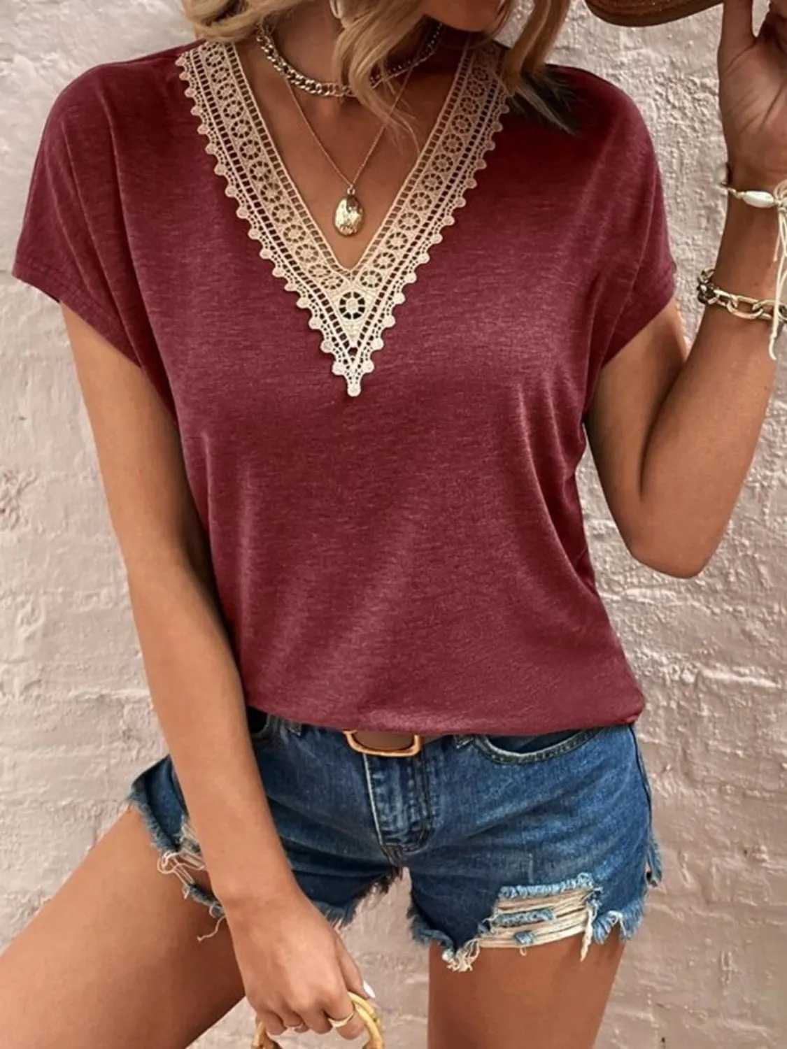 Giana Lace Detail V-Neck Short Sleeve T-Shirt - Online Exclusive