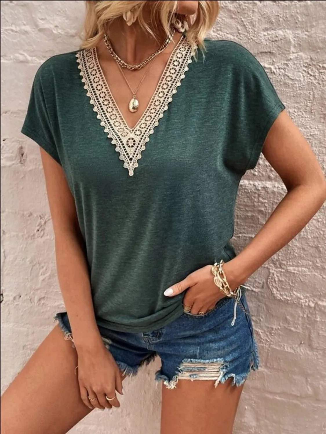Giana Lace Detail V-Neck Short Sleeve T-Shirt - Online Exclusive