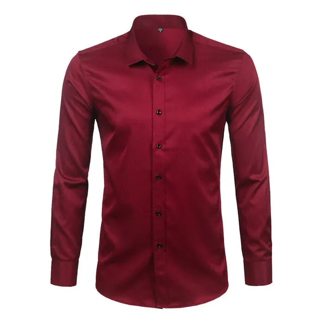 Gray Elastic Bamboo Fiber Shirt Men Brand New Long Sleeve Mens Dress Shirts Non Iron Easy Care Business Work Chemise Homme XXL
