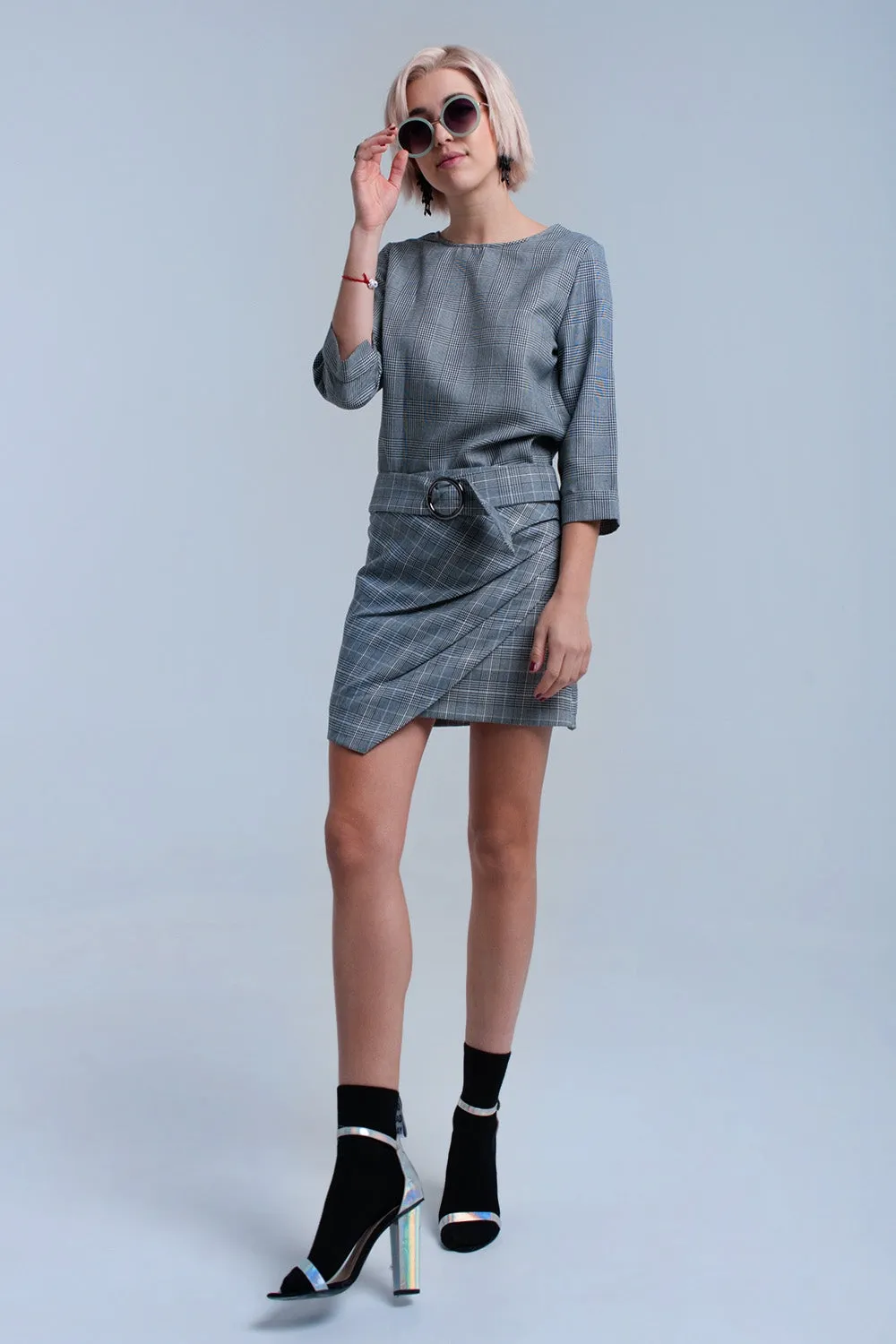 Gray Ribbon Back Tartan Pattern Top