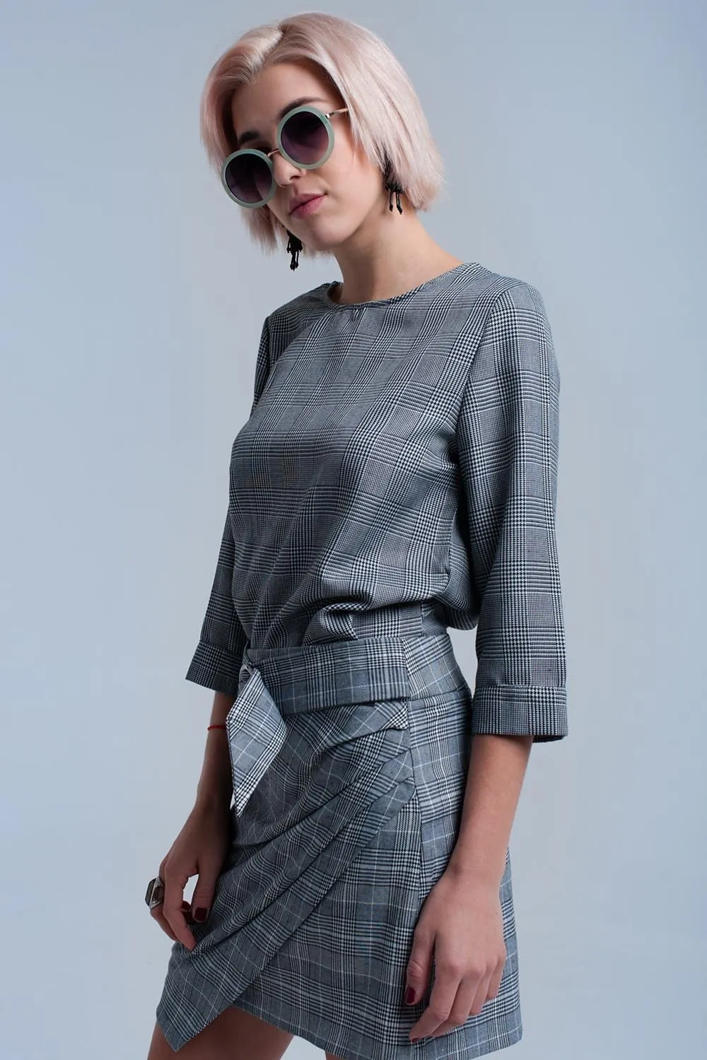 Gray Ribbon Back Tartan Pattern Top
