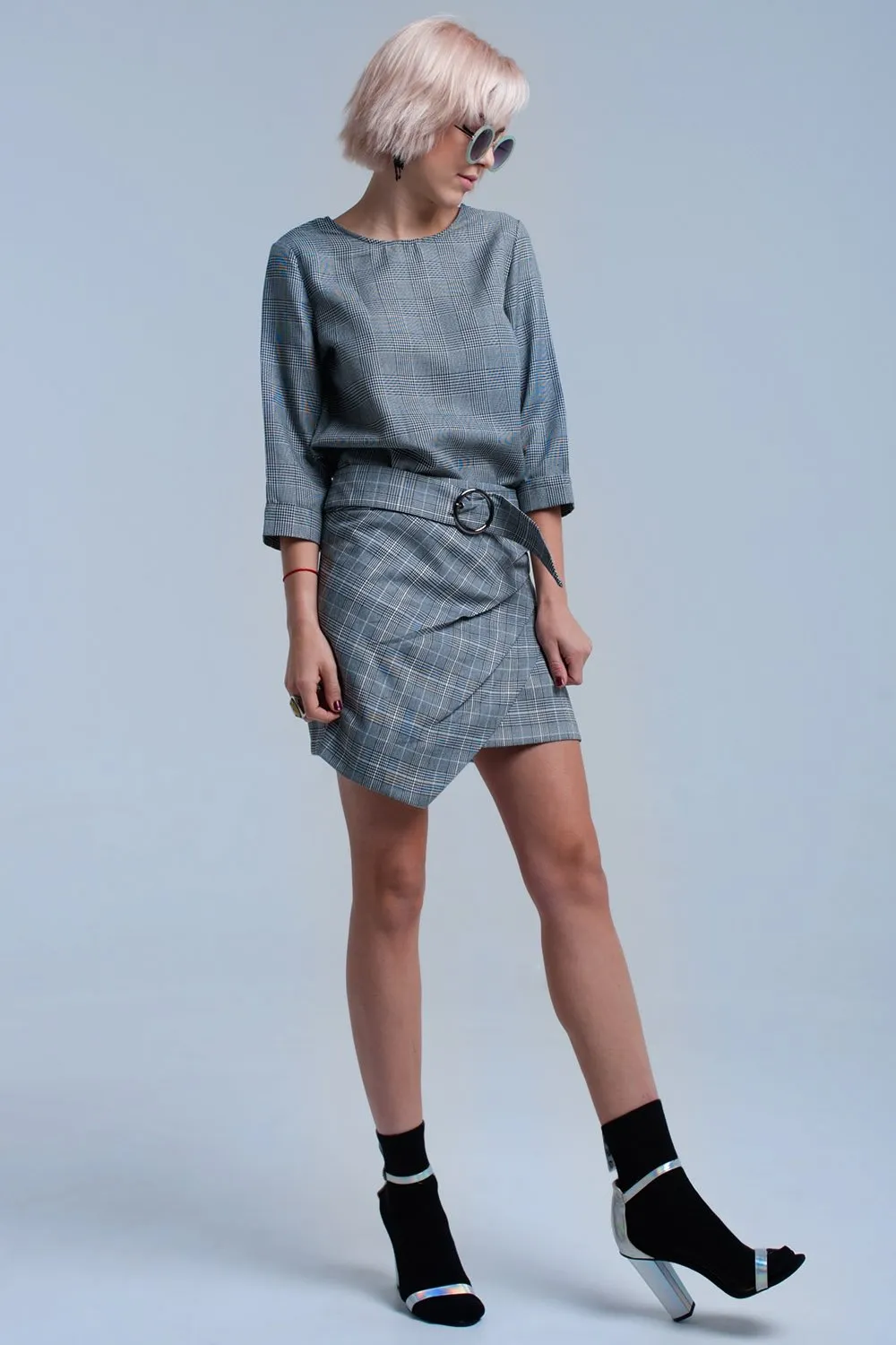 Gray Ribbon Back Tartan Pattern Top