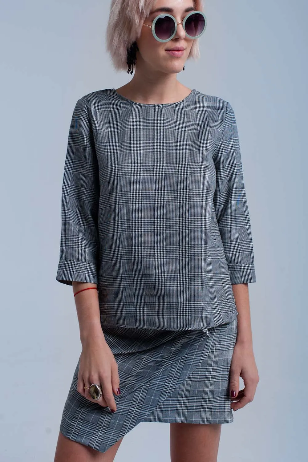 Gray Ribbon Back Tartan Pattern Top