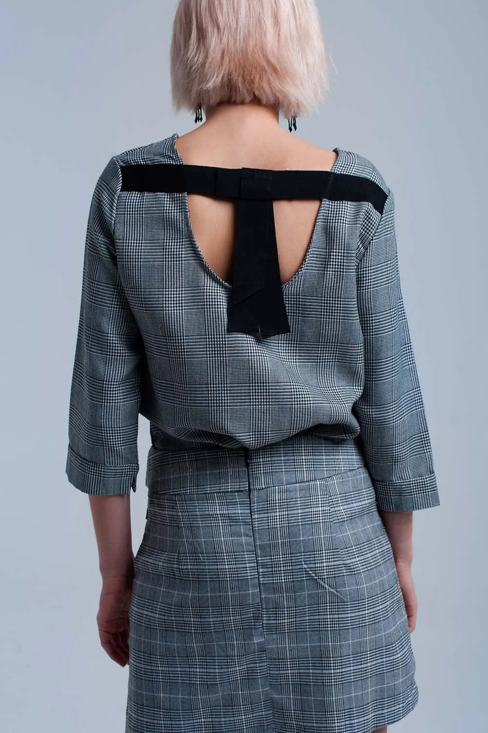 Gray Ribbon Back Tartan Pattern Top