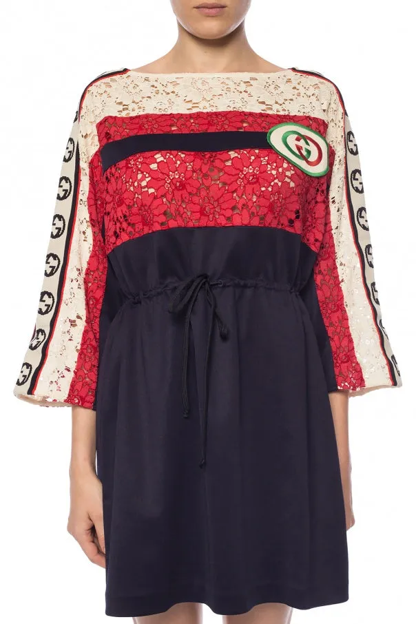 Gucci GG Floral Lace Logo Stripe Dress in Blue