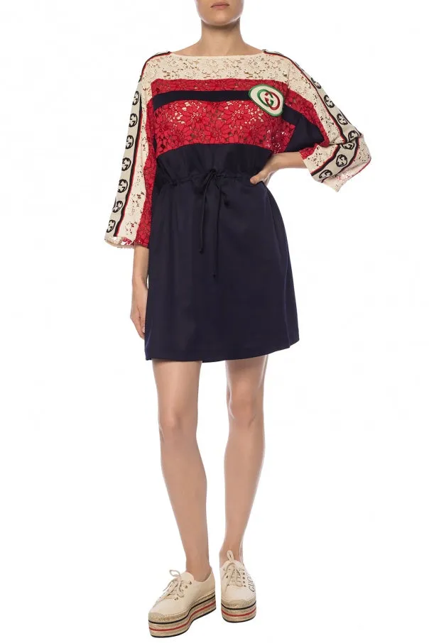 Gucci GG Floral Lace Logo Stripe Dress in Blue