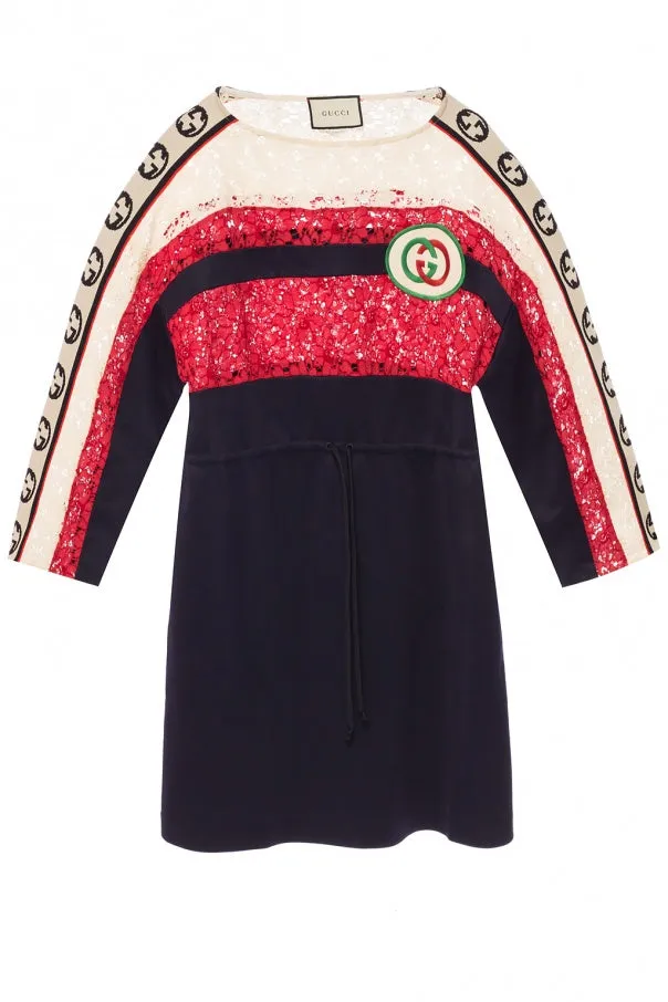 Gucci GG Floral Lace Logo Stripe Dress in Blue
