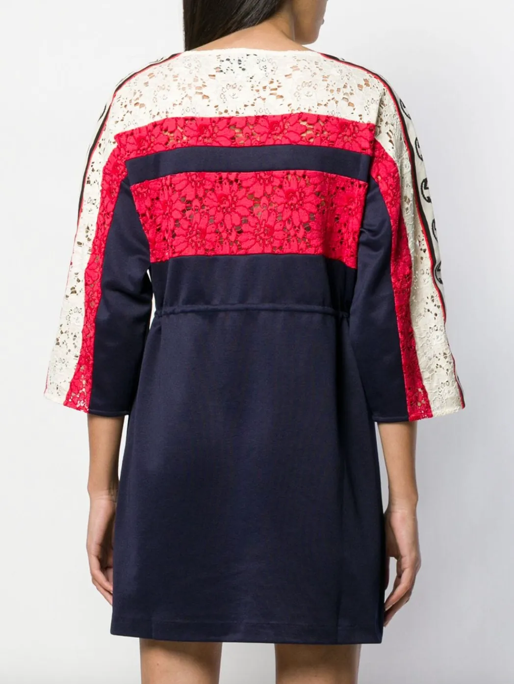 Gucci GG Floral Lace Logo Stripe Dress in Blue