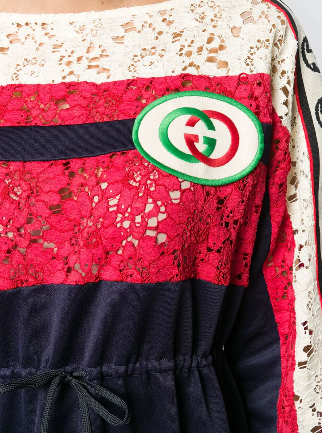 Gucci GG Floral Lace Logo Stripe Dress in Blue