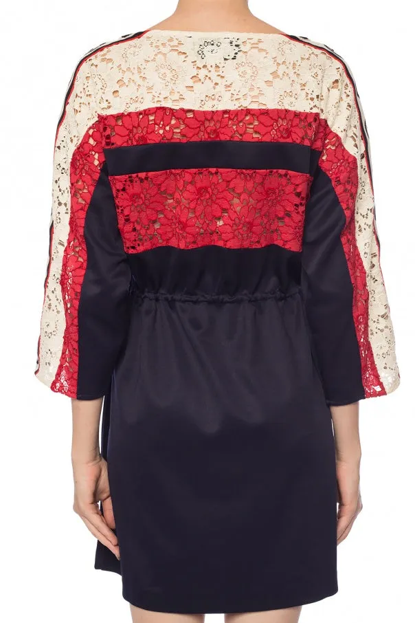 Gucci GG Floral Lace Logo Stripe Dress in Blue