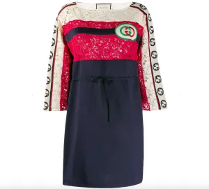 Gucci GG Floral Lace Logo Stripe Dress in Blue