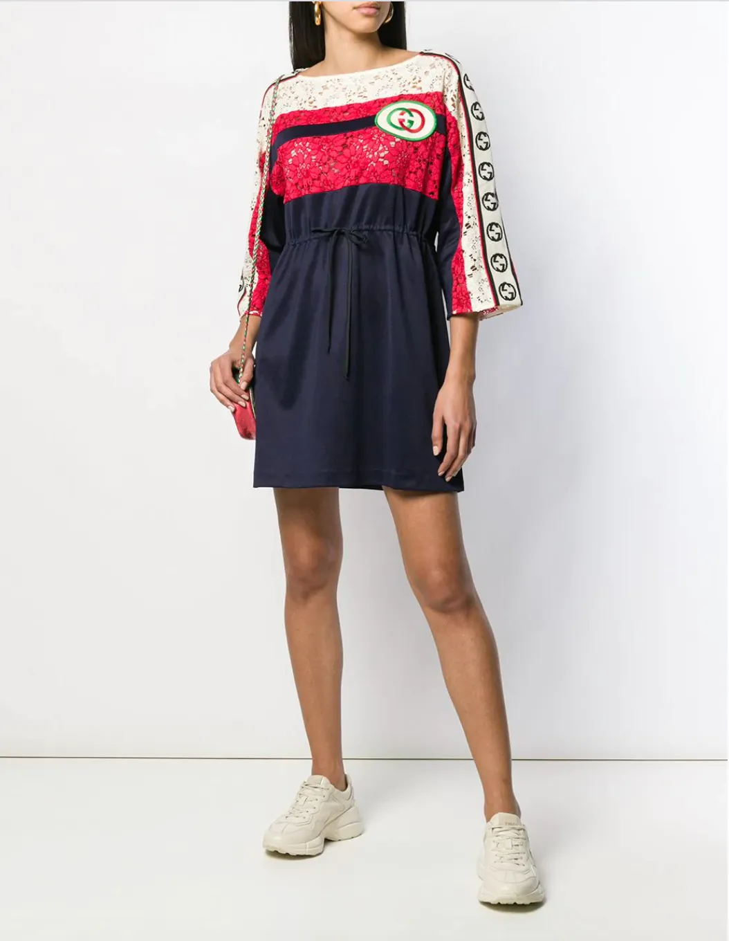 Gucci GG Floral Lace Logo Stripe Dress in Blue